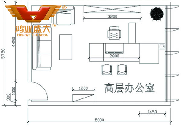 鸿业设计师凭证客户提供尺寸，设计的总司理办公室CAD平面图